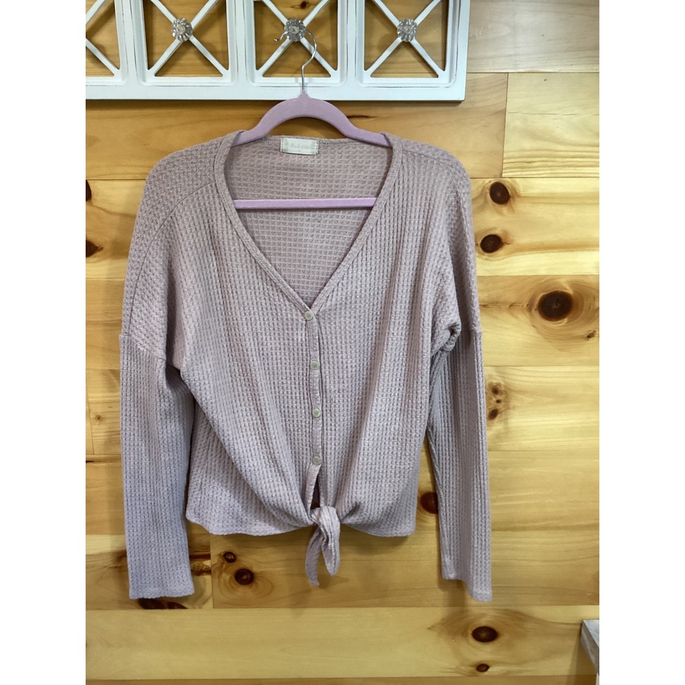 Altar'd State Womens Waffle Knit Tie Front Cardigan Mauve Pink Size M V-Neck